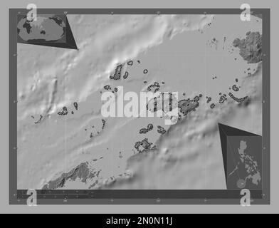 Sulu, Provinz der Philippinen. Bilevel-Höhenkarte mit Seen und Flüssen. Standorte der wichtigsten Städte der Region. Eckkarten für zusätzliche Standorte Stockfoto