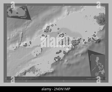 Sulu, Provinz der Philippinen. Grauskala-Höhenkarte mit Seen und Flüssen. Standorte und Namen der wichtigsten Städte der Region. Ecke Zusatzanschluss Stockfoto