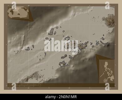 Sulu, Provinz der Philippinen. Höhenplan in Sepia-Tönen mit Seen und Flüssen. Standorte der wichtigsten Städte der Region. Ecke Zusatz l Stockfoto