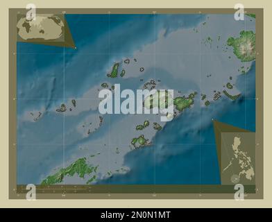 Sulu, Provinz der Philippinen. Höhenkarte im Wiki-Stil mit Seen und Flüssen. Eckkarten für zusätzliche Standorte Stockfoto