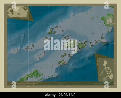 Sulu, Provinz der Philippinen. Höhenkarte im Wiki-Stil mit Seen und Flüssen. Standorte und Namen der wichtigsten Städte der Region. Ecke au Stockfoto