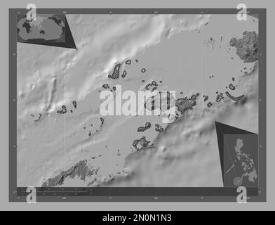 Sulu, Provinz der Philippinen. Bilevel-Höhenkarte mit Seen und Flüssen. Eckkarten für zusätzliche Standorte Stockfoto