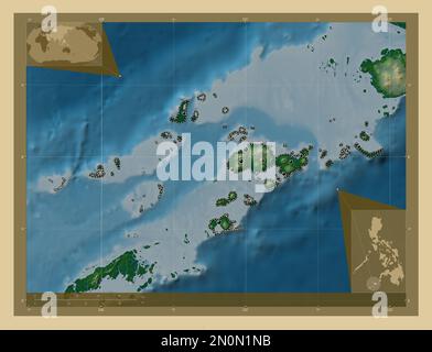 Sulu, Provinz der Philippinen. Farbige Höhenkarte mit Seen und Flüssen. Standorte der wichtigsten Städte der Region. Eckkarten für zusätzliche Standorte Stockfoto