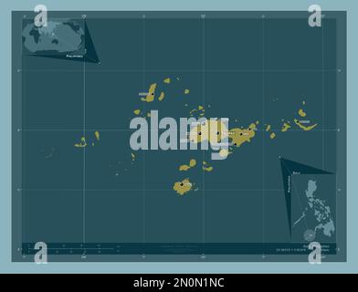 Sulu, Provinz der Philippinen. Durchgehende Farbform. Standorte und Namen der wichtigsten Städte der Region. Eckkarten für zusätzliche Standorte Stockfoto