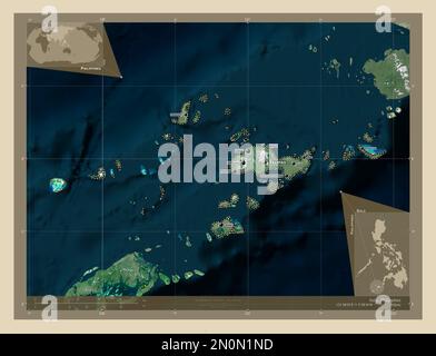 Sulu, Provinz der Philippinen. Hochauflösende Satellitenkarte. Standorte und Namen der wichtigsten Städte der Region. Eckkarten für zusätzliche Standorte Stockfoto