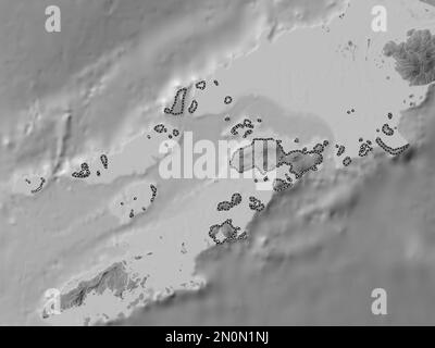 Sulu, Provinz der Philippinen. Grauskala-Höhenkarte mit Seen und Flüssen Stockfoto