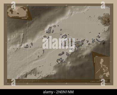 Sulu, Provinz der Philippinen. Höhenplan in Sepia-Tönen mit Seen und Flüssen. Standorte und Namen der wichtigsten Städte der Region. Ecke A Stockfoto