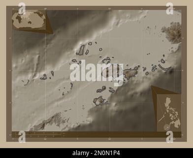 Sulu, Provinz der Philippinen. Höhenplan in Sepia-Tönen mit Seen und Flüssen. Eckkarten für zusätzliche Standorte Stockfoto