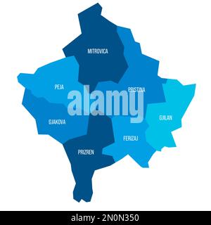 Politische Karte des Kosovo der Verwaltungsbezirke. Flache blaue Vektorkarte mit Namensbezeichnungen. Stock Vektor