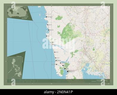 Zambales, Provinz der Philippinen. Straßenkarte Öffnen. Standorte und Namen der wichtigsten Städte der Region. Eckkarten für zusätzliche Standorte Stockfoto