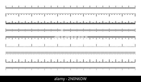 Verschiedene Messskalen mit Teilungen. Realistische Skala zur Messung von Länge oder Höhe in Zentimetern, Millimetern oder Zoll. Lineal, Maßband Stock Vektor
