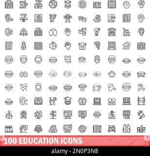 100 Bildungs-Symbole. Gliederungsdarstellung von 100 Bildungs-Symbolen Vektorsatz isoliert auf weißem Hintergrund Stock Vektor