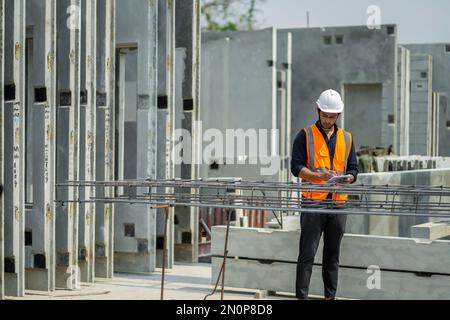 Männliche Ingenieure prüfen und kontrollieren die Arbeit der Mitarbeiter und die Qualität der hergestellten Produkte, um die Standards zu erfüllen. In der Industrie Stockfoto