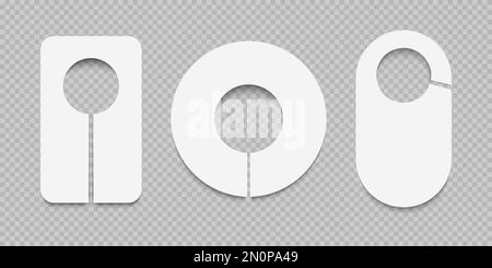 Satz leerer Türaufhänger oder Schrankteiler isoliert auf transparentem Hintergrund. Nicht stören, bitte klopfen, Stille halten, Papieretikettierung. Modelle von Türdrückern. Vektor-realistische Darstellung Stock Vektor