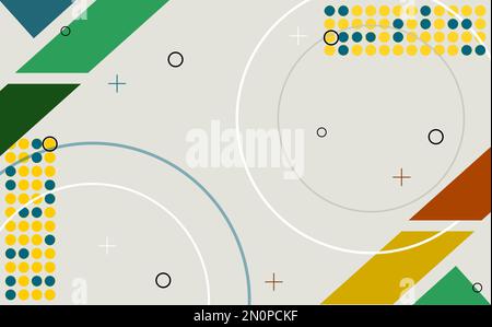 Abstrakter Hintergrund mit geometrischen Formen in Grün, Weiß, Rot, Orange, Gelb und Blau. Stockfoto