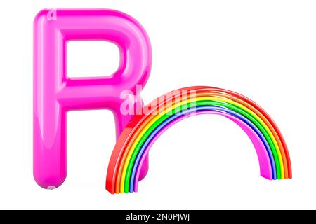 Kinder ABC, Buchstabe R mit Regenbogen. 3D-Rendering auf weißem Hintergrund isoliert Stockfoto