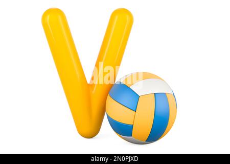 Kinder ABC, Buchstabe V mit Volleyball. 3D-Rendering auf weißem Hintergrund isoliert Stockfoto