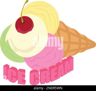 Isometrischer Vektor des Eiscremesymbols. Mehrfarbige Eiscreme in Waffelform. Süßes Essen, Nachtisch Stock Vektor