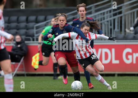EINDHOVEN - (l-r), Chasity Grant of Ajax Women, Lisa Pechersky von PSV V1 während des niederländischen Eredivisie Women's Match zwischen PSV und Ajax am PSV Campus De Herdgang am 5. Februar 2023 in Eindhoven, Niederlande. AP | niederländische Höhe | Jeroen Putmans Stockfoto