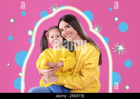 Starke Immunität - gesunde Familie. Mutter mit Tochter vor Viren und Bakterien geschützt, Illustration Stockfoto