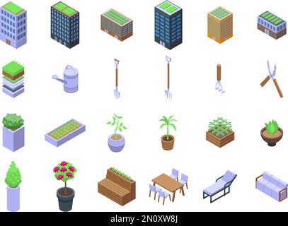 Symbole für Dachgärten setzen isometrischen Vektor. Bauhaus. Büro Stadt Stock Vektor
