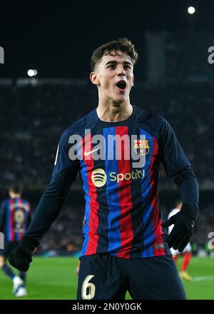 Barcelona, Spanien. 5. Februar 2023. Die Gavi of Barcelona feiert am 5. Februar 2023 in Barcelona, Spanien, ein Tor bei einem spanischen Fußballspiel in La Liga zwischen Barcelona und dem FC Sevilla. Kredit: Joan Gosa/Xinhua/Alamy Live News Stockfoto