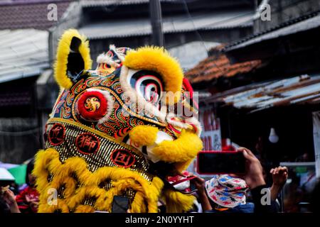 Bekasi, Indonesien. 05. Februar 2023. Die Bewohner machen Fotos mit Künstlern, die während der Cap Go Meh-Feier in Bekasi traditionelle Löwentanze vorführen. Die Cap Go Meh-Feier in Bekasi wurde von einer Wanderparade und den Eigenschaften des chinesischen Neujahrs belebt. Die Cap Go Meh-Feier findet alle 15. Tage des ersten Monats des chinesischen Kalenders oder 2 Wochen nach dem chinesischen Neujahrsfest statt. Kredit: SOPA Images Limited/Alamy Live News Stockfoto