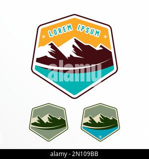 Eisberg oder Berg mit Fluss im Pentagon Emblem Bild Grafiksymbol Logo Design abstraktes Konzept Vektorsymbol im Zusammenhang mit Abenteuern. Stock Vektor