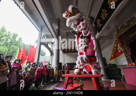 (230206) -- FOSHAN, 6. Februar 2023 (Xinhua) -- Touristen genießen eine Guangdong Lion Dance Show in Foshan, südchinesische Provinz Guangdong, 12. Januar 2023. Der Guangdong Lion Dance, der 2006 als nationales immaterielles Kulturerbe gelistet wurde, ist eine Kombination aus Kampfsport, Tanz und Musik. Sie entstand aus dem königlichen Löwentanz während der Tang-Dynastie (618-907) und wurde später von Migranten aus dem Norden in den Süden eingeführt. Der Guangdong Lion Dance entwickelte sich während der Ming-Dynastie (1368-1644) zu seiner modernen Form. In der chinesischen Tradition betrachten die Menschen den Löwen als Symbol der Tapferkeit und Stockfoto