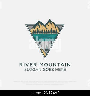 River Mountain Logo Design mit Dreieck, Outdoor Adventure Reisebüro Logo Symbol Vektor Illustration Stock Vektor