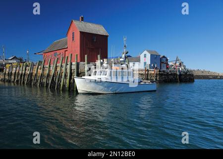 Angelhütte bei Bradley Wharf, Rockport Habour, Rockport, Massachusetts, USA, Nordamerika Stockfoto