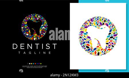 Bunte Blattdesign-Vorlage für Dentallogos. Lustige Zahnzahnheilkunde-Zahnblatt-Logo-Vektor. Stock Vektor