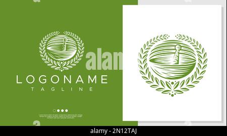 Vintage Medical Apotheke Logo Design Template. Logo für Kranz, Mörtel und Stößel. Stock Vektor