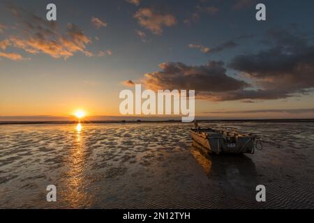 Sonnenuntergang über den Schlammflächen bei Ebbe in Holmersiel, Nordstrand, Nordfriesien, Schleswig Holstein Stockfoto