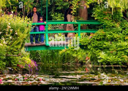 Japanische Brücke über Lilienteich mit Besuchern, ehemalige Residenz des Malers, stilvolles Ölgemälde, Haus und Garten von Claude Monet, Giverny, Normandie Stockfoto