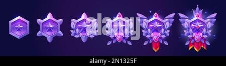 Lila Sechseckrahmen von Avataren. Fantasy-Abzeichen mit leuchtenden Rändern mit Stern, Lorbeeren, Edelsteinen, Krone und rotem Wimpel, Vektor-Cartoon isoliert im Hintergrund Stock Vektor