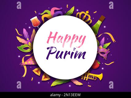 Happy Purim Illustration mit Karnevalsmasken, jüdischem Feiertag und Funfair in flachem Cartoon, handgezeichnet für Webbanner oder Landing-Page-Vorlagen Stock Vektor