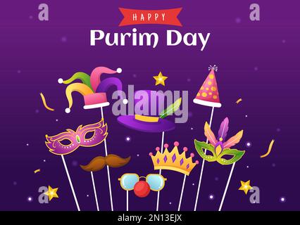 Happy Purim Illustration mit Karnevalsmasken, jüdischem Feiertag und Funfair in flachem Cartoon, handgezeichnet für Webbanner oder Landing-Page-Vorlagen Stock Vektor