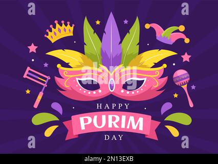 Happy Purim Illustration mit Karnevalsmasken, jüdischem Feiertag und Funfair in flachem Cartoon, handgezeichnet für Webbanner oder Landing-Page-Vorlagen Stock Vektor