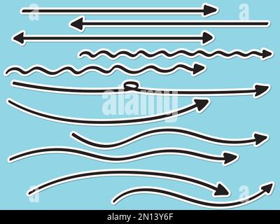 Handgeschriebene lange Pfeile mit weißem Rand wie Aufkleber. Die Spitze des Pfeils ist dreieckig. Wirbelnde Pfeile oder lose gekrümmte und gerade Pfeile. Stock Vektor