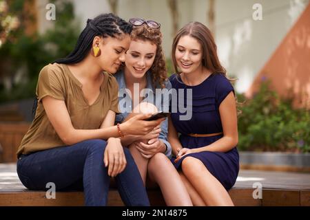 Freunde teilen alles. Eine junge Studentin zeigt ihren Freunden eine SMS auf ihrem Handy. Stockfoto