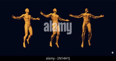 Der Mann spreizt seine Arme in verschiedene Richtungen. Männer genießen die Freiheit. Männer schweben und schweben in der Luft. 3D-Vektordarstellung. Stock Vektor