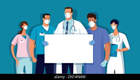 Medizinisches Team mit Banner, Platz für Text. Vorlage für die Gestaltung des Krankenhauses, Krankenwagen. Dank der Ärzte. Flache Cartoon-Vektorillustratio Stock Vektor
