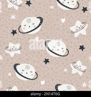 Kinderzimmer, nahtloses Muster mit Planeten und Sternen. Vektorhintergrund mit niedlichen Elementen der Babydusche in einfacher Handzeichnung. Stock Vektor