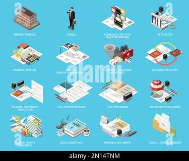 Embassy Services unterstützen isometrische Sätze, die die Funktionen für die Auslieferung von Visa-Antragsformularen für Flüge und Hotelversicherungen darstellen Stock Vektor
