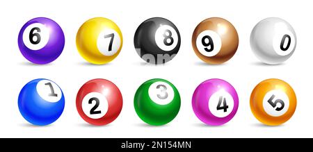 Realistische Bingo-Lotto-Bälle-Symbol stellt runde Bälle in verschiedenen Farben mit Zahlen von null bis neun Vektorabbildungen auf Stock Vektor