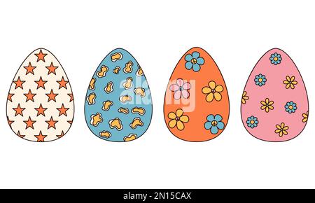 Toller Hippie Frohe Ostern. Set aus Ostereiern mit Mustern im trendigen Retro-Stil der 60s 70s Jahre Stock Vektor