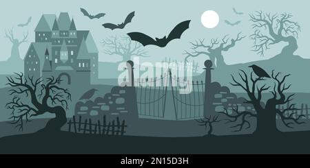 Nächtliche gotische halloween-Landschaft mit gruseligen Bäumen, Silhouetten alter, fliegender Fledermäuse und Burg-Flachvektorzeichnung Stock Vektor