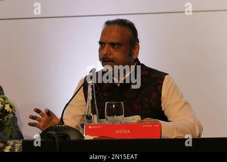 Yogyakarta, Indonesien. 05. Februar 2023. Botschafter Indien für die ASEAN, Jayant Namdeorao Khobragade, spricht auf der Pressekonferenz der ASEAN-Tourismusminister am 5. Februar 2023 in Yogyakarta, Indonesien. Im Rahmen der ATF 2023 wurden eine Reihe von Abkommen im Bereich Tourismus und bilaterale Beziehungen zwischen den ASEAN-Ländern sowie vier weiteren Ländern wie Japan, Indien, Korea und Russland im Wirtschaftsbereich geschlossen. (Foto: FREEDY TUNGGA/INA PHOTO AGENCY/SIPA USA) Guthaben: SIPA USA/Alamy Live News Stockfoto