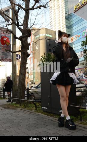 Mädchen, gekleidet in Französisch Dienstmädchen Kostüme Rabatt-Coupons für Maid Cafés in Tokio Akihabara Vergnügungsviertel austeilen. Stockfoto